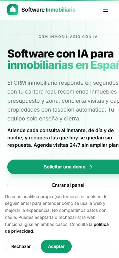 Mobile screenshot (390×844) of the Software Inmobiliario website