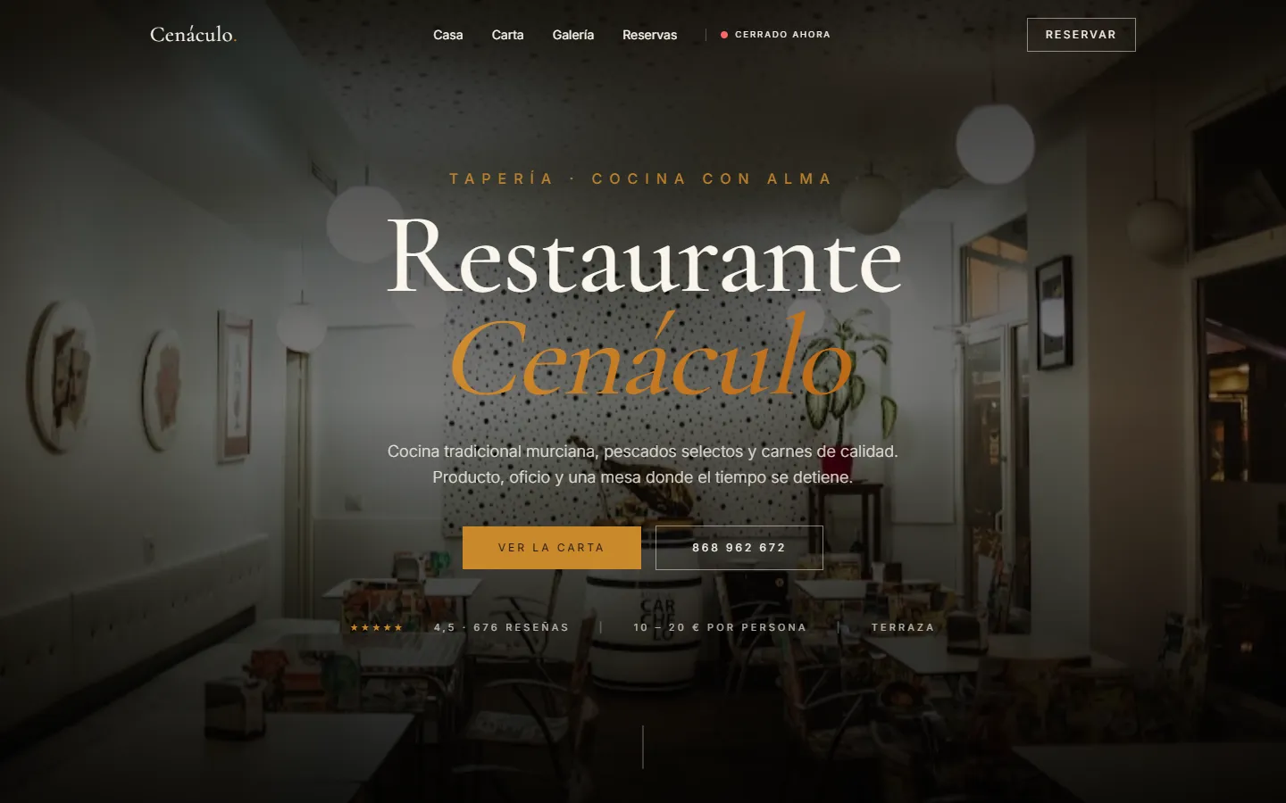 Desktop screenshot (1440×900) of the Tapería Cenáculo website