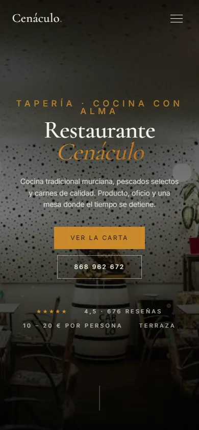 Mobile screenshot (390×844) of the Tapería Cenáculo website