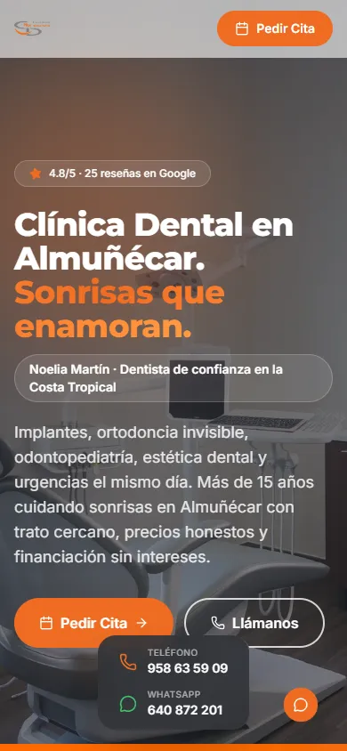 Mobile screenshot (390×844) of the Clínica Dental Noelia Martín website