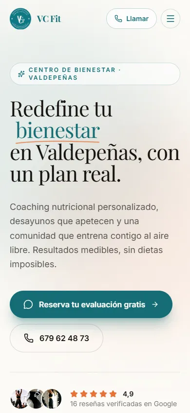 Mobile screenshot (390×844) of the VC Fit Valdepeñas website