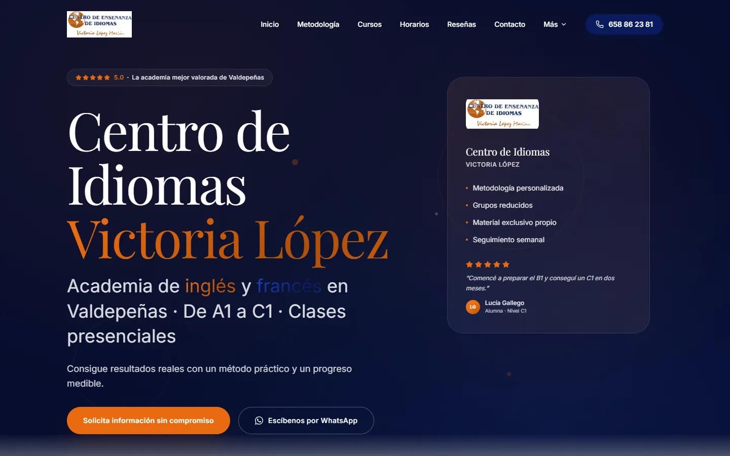 Desktop screenshot (1440×900) of the Centro de Idiomas Victoria López website