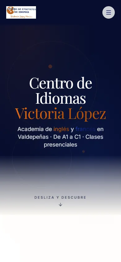 Mobile screenshot (390×844) of the Centro de Idiomas Victoria López website