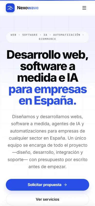 Mobile screenshot (390×844) of the public NexoWave website